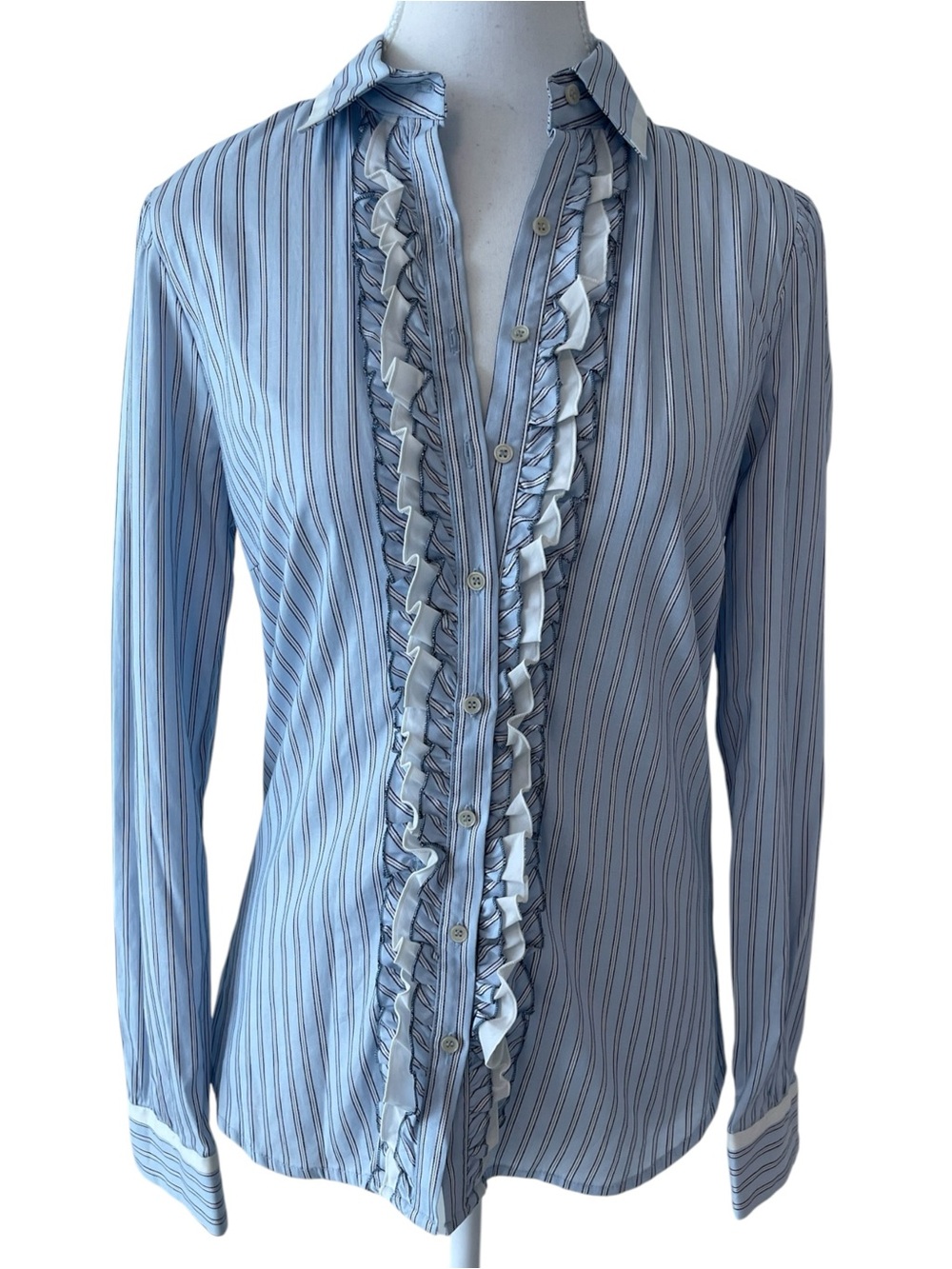 Zara White & Blue Striped Ruffle-Front Button Down Dress Shirt